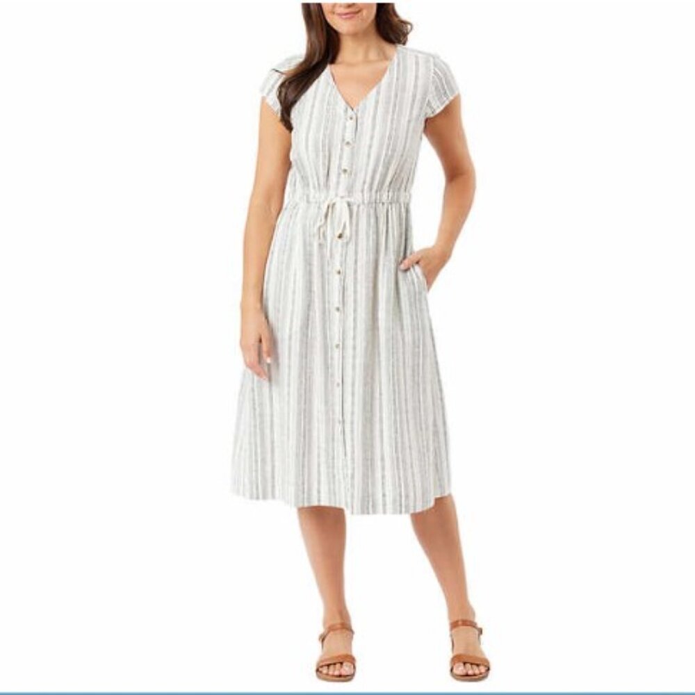 Briggs Women’s Button Front Linen Blend Midi Dress Cream V Neck